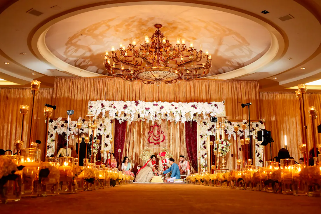 Bride and groom in South Indian wedding dress during a ceremony