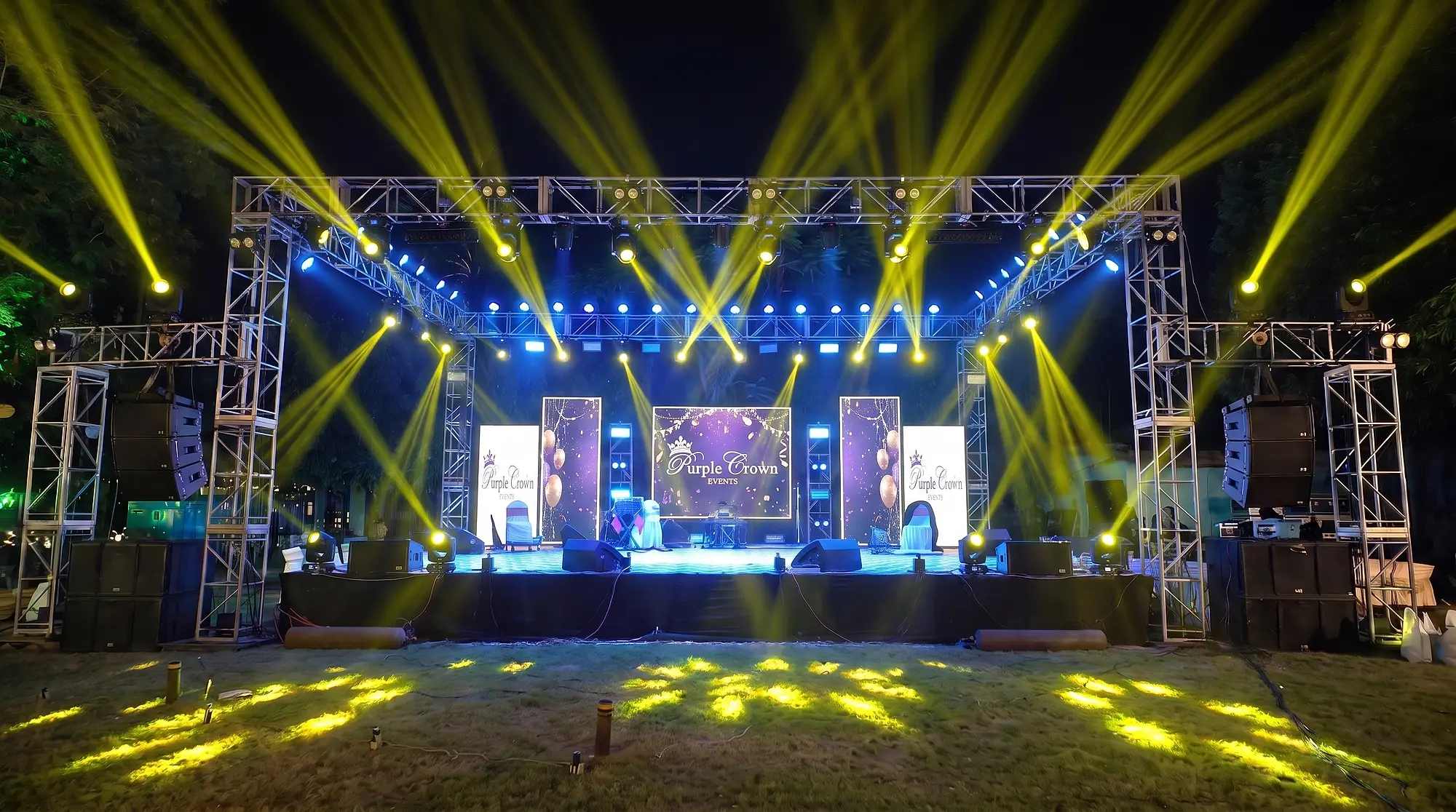 Branded outdoor stage with truss lighting, moving heads and line-array sound at a 40th birthday in Salt Lake, Kolkata